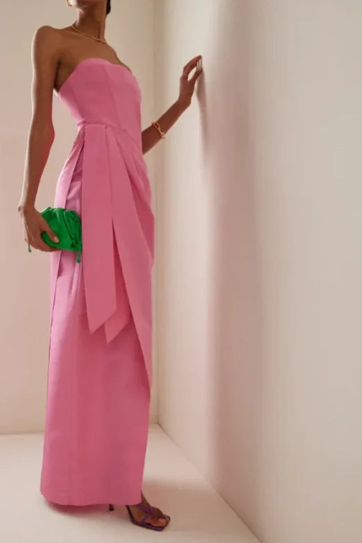 Elegant Pink A-Line Off the Shoulder Long Formal Prom Dress with Decorative Front Side